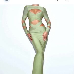 Chic Olive/mint Long Sleeve Cut-Out bandage Dress